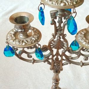 Silver candle holder with blue crystals
